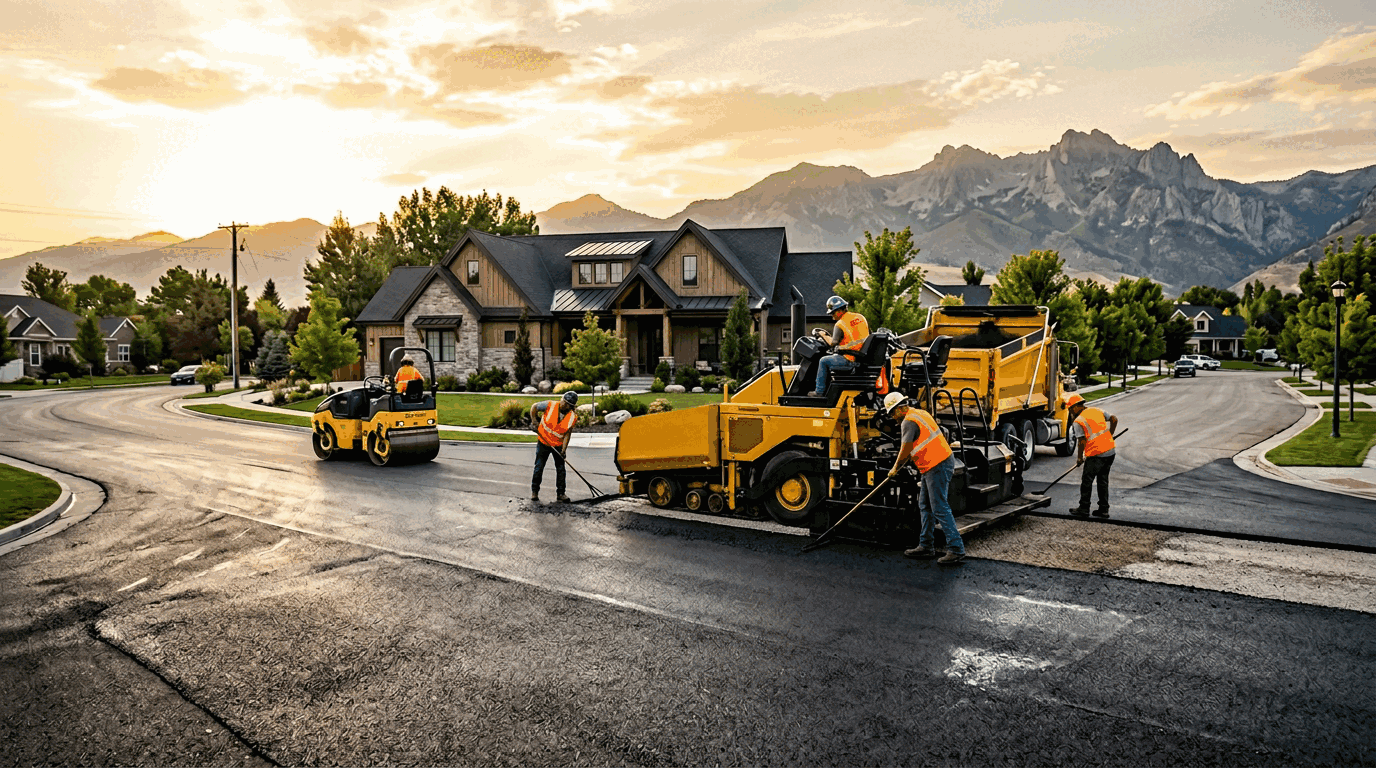 Asphalt paving crew working a job site with the Magic Valley landscape behind them