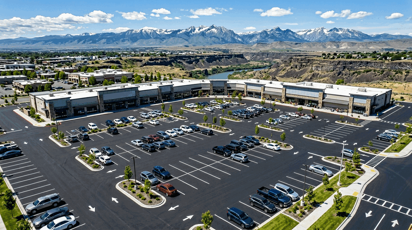 Aerial view of a freshly paved commercial parking lot with the Snake River Canyon visible in the distance