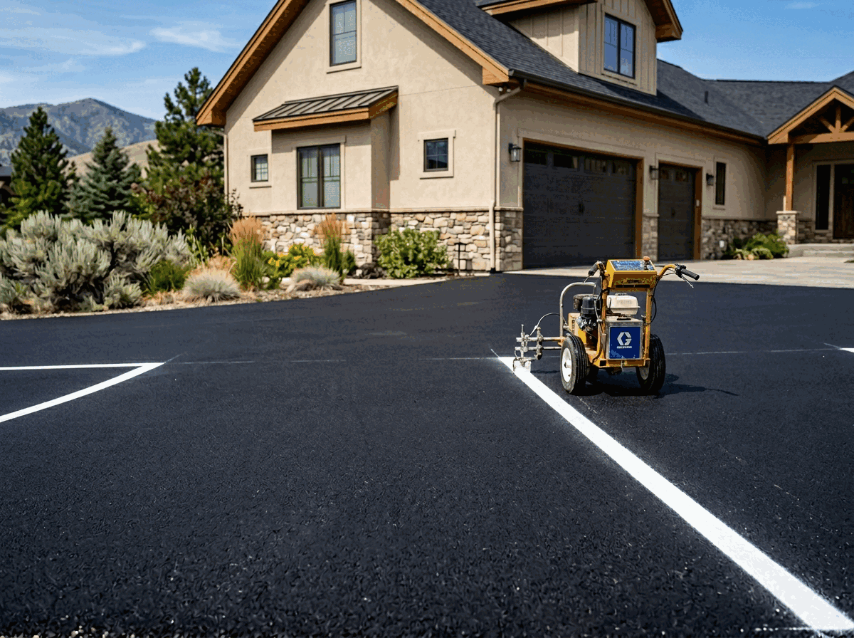 Freshly paved residential driveway with a clean asphalt edge and white striping