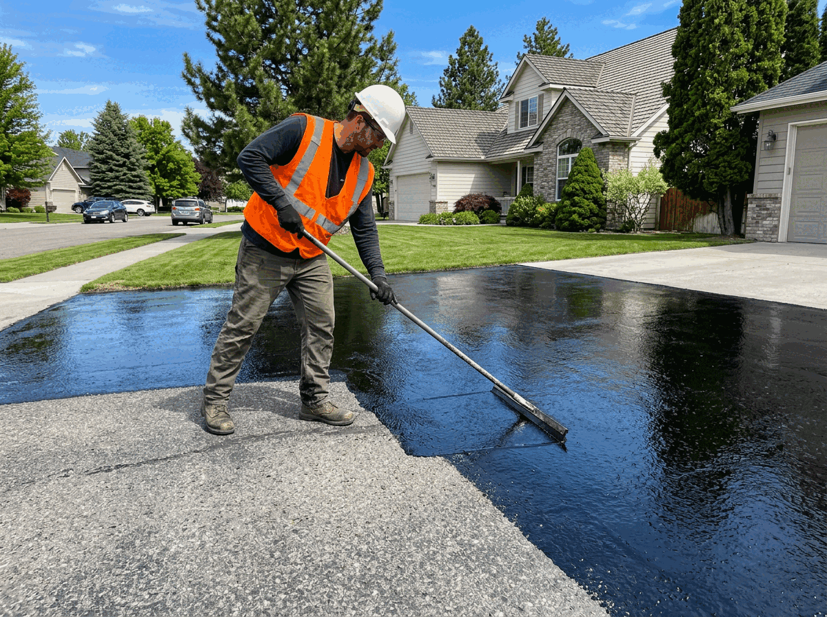 Sealcoating crew applying fresh black sealcoat to a parking lot
